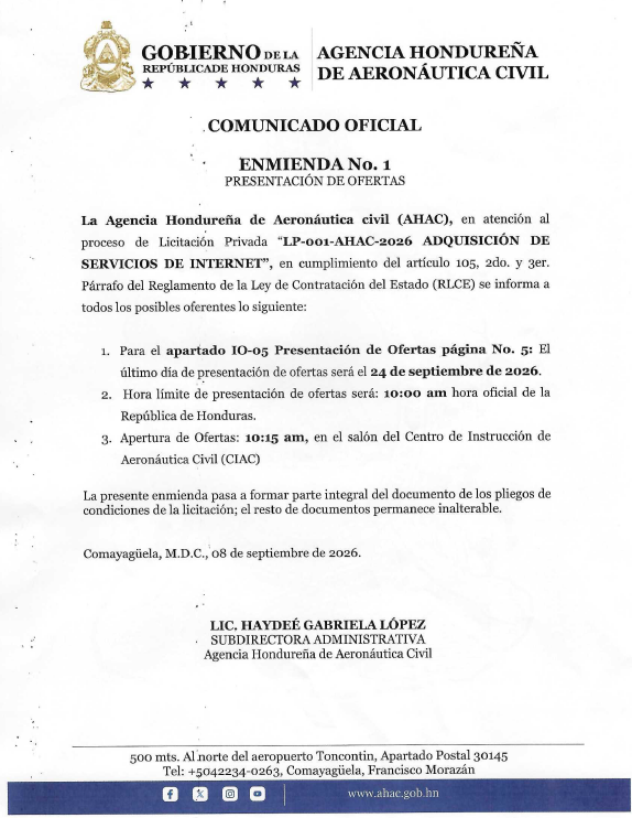 Comunicado Oficial - Enmienda No. 1 - Presentación de Ofertas